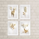 Kit 4 Quadros Decorativos Flores Brancas Com dourado 33x24cm