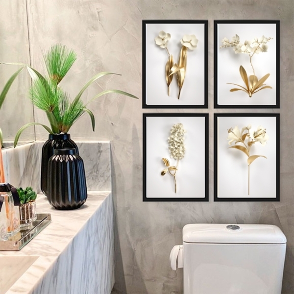 Kit 4 Quadros Decorativos Flores Brancas Com dourado 45x34cm