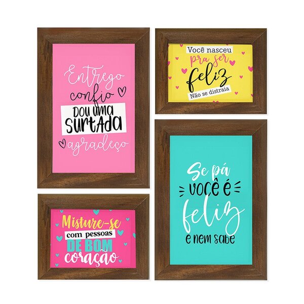 Kit 4 Quadros Decorativos Frase Gratidão Menina Colorido Quar