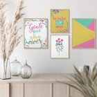 Kit 4 Quadros Decorativos Frases Flores Geométrico Colorido
