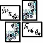 Kit 4 Quadros Decorativos Geométrico Azul E Frases