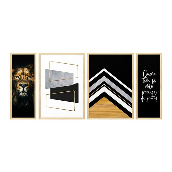 Kit 4 Quadros Decorativos Geométrico Leão Frases Escritório