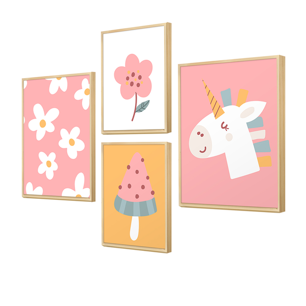 Kit 4 Quadros Decorativos Infantil Rosa Menina Unicórnio Flor