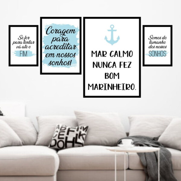 Kit 4 Quadros Decorativos Mar Calmo - Azul 33x24cm - Com Vidr