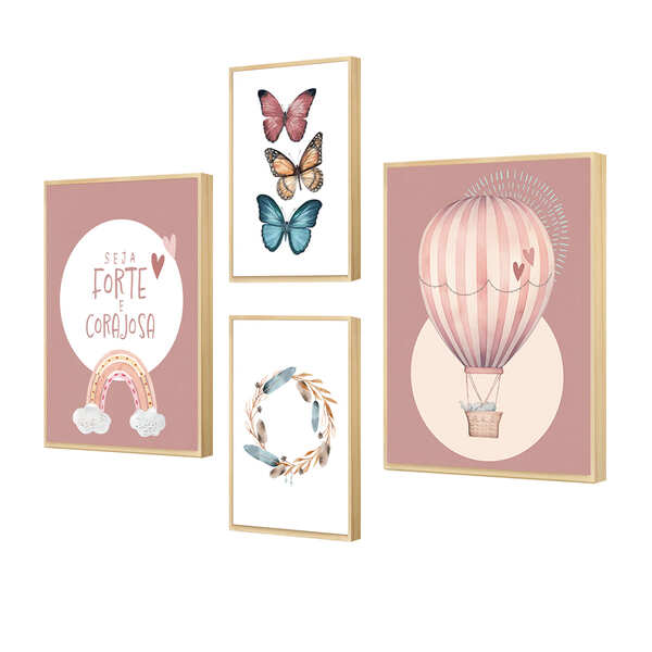 Kit 4 Quadros Decorativos Menina Borboleta Infantil Balão Qua