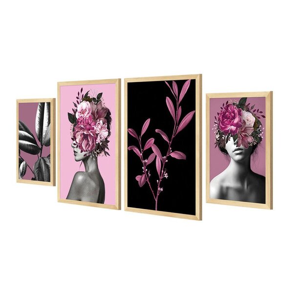 Kit 4 Quadros Decorativos Mulher Flores Plantas Quarto