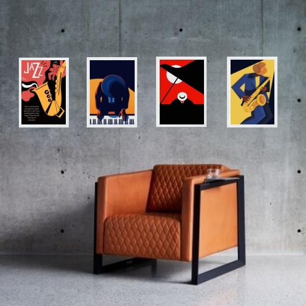 Kit 4 Quadros Decorativos Músicos Jazz 24x18cm Moldura:madeir