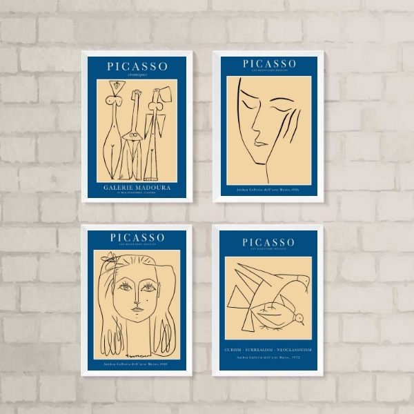 Kit 4 Quadros Decorativos Obras De picasso 33x24cm - Com Vidr
