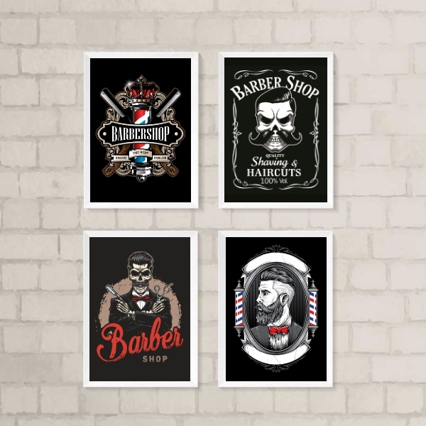 Kit 4 Quadros Decorativos Para Barbearia 24x18cm - Com Vidro