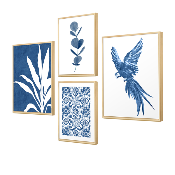 Kit 4 Quadros Decorativos Passaro Azul Papagaio Folhagens Abs