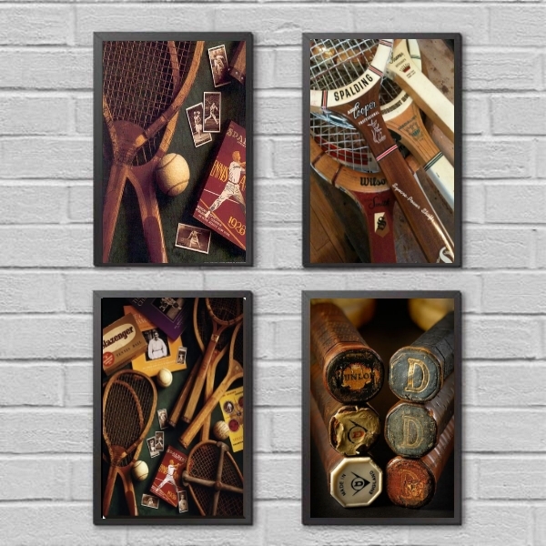 Kit 4 Quadros Esporte Tênis Vintage 33x24cm - Com Vidro Moldu