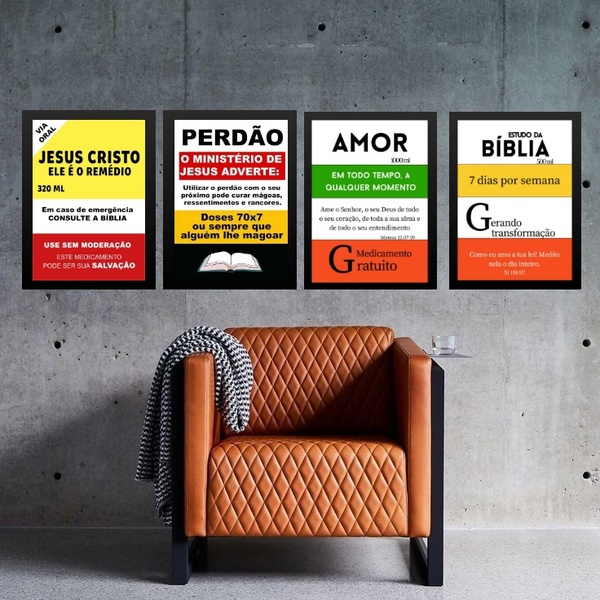 Kit 4 Quadros Evangélicos Remédios 45x34cm Moldura Branca