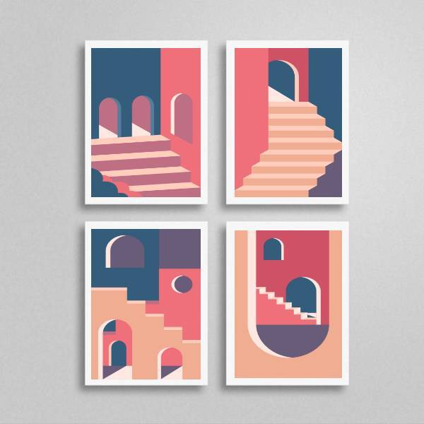 Kit 4 Quadros Figurativo Abstrato Rosa E Azul 24x18cm - Com V