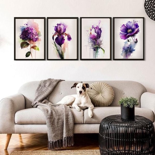 Kit 4 Quadros Flores Roxas Aquarela 45x34cm - Com Vidro Moldu