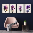 Kit 4 Quadros Flores Roxas Aquarela 45x34cm - Com Vidro Moldu