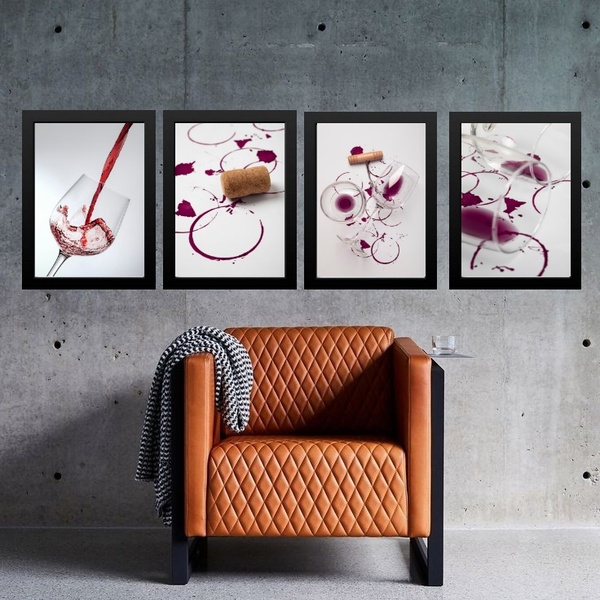 Kit 4 Quadros Fotografias Vinho Tinto 24x18cm - Com Vidro Mol