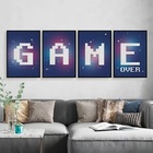 Kit 4 Quadros Gamer Game Over Roxo 24x18cm - Com Vidro Moldur