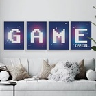 Kit 4 Quadros Gamer Game Over Roxo 33x24cm - Com Vidro Moldur