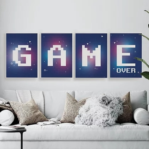 Kit 4 Quadros Gamer Game Over Roxo 33x24cm - Com Vidro Moldur