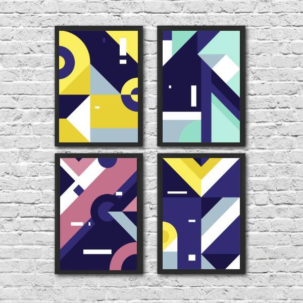Kit 4 Quadros Geométricos Harmonia 45x34cm - Com Vidro Moldur