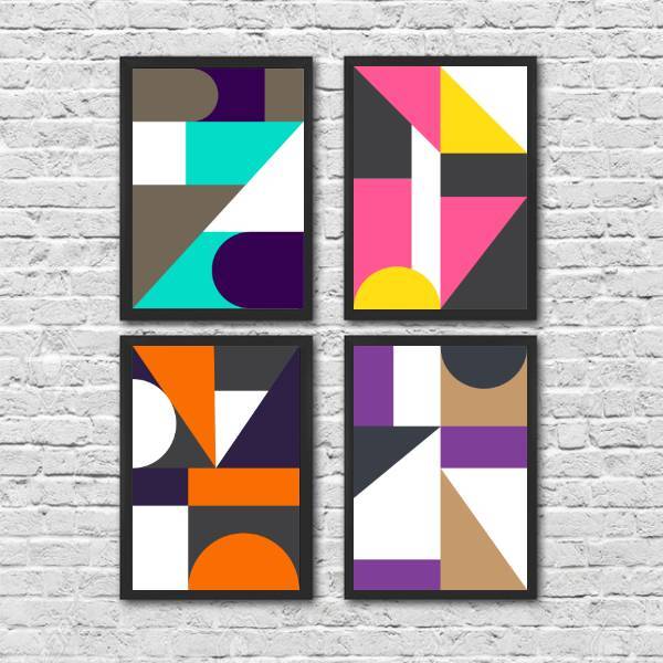 Kit 4 Quadros Geométricos Pantone 24x18cm - Com Vidro Moldura