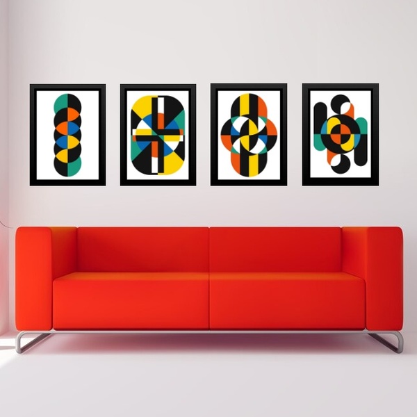 Kit 4 Quadros Gravuras Coloridas Bauhaus 24x18cm Moldura Preta