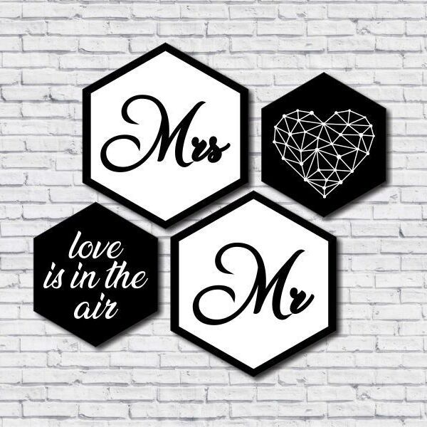 Kit 4 Quadros Hexagonais Casal Amor Preto E Branco