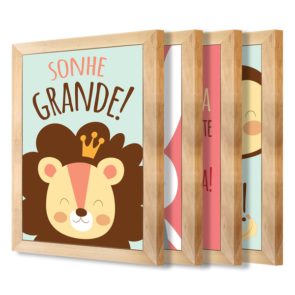 Kit 4 Quadros Infantil Leão Animais Bichos Frases 20x30cm - M