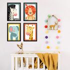 Kit 4 Quadros Infantis Bichos Safari 33x24cm - Com Vidro Mold