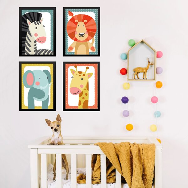 Kit 4 Quadros Infantis Bichos Safari 45x34cm Moldura Preta