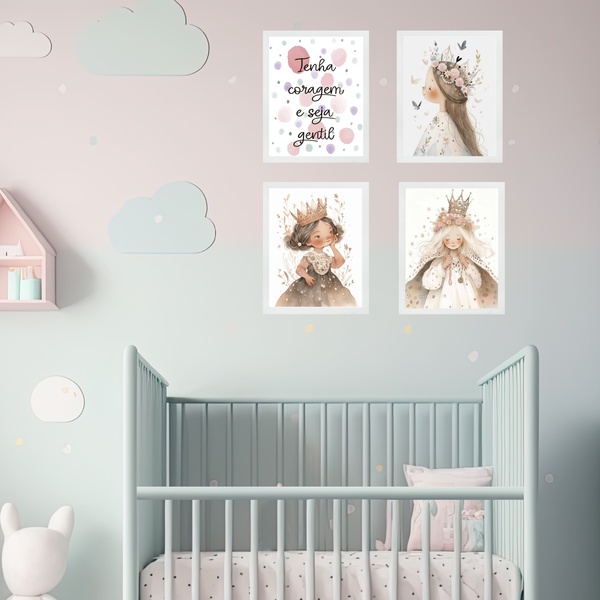 Kit 4 Quadros Infantis Princesas - Tenha Coragem 33x24cm - Co