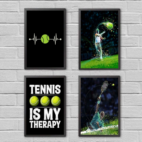 Kit 4 Quadros Jogadores De Tênis 33x24cm - Com Vidro Moldura: