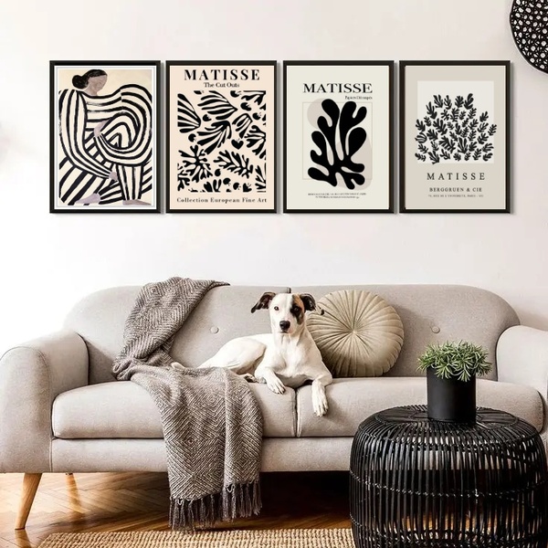 Kit 4 Quadros Matisse Bege E Preto 24x18cm - Com Vidro Moldur