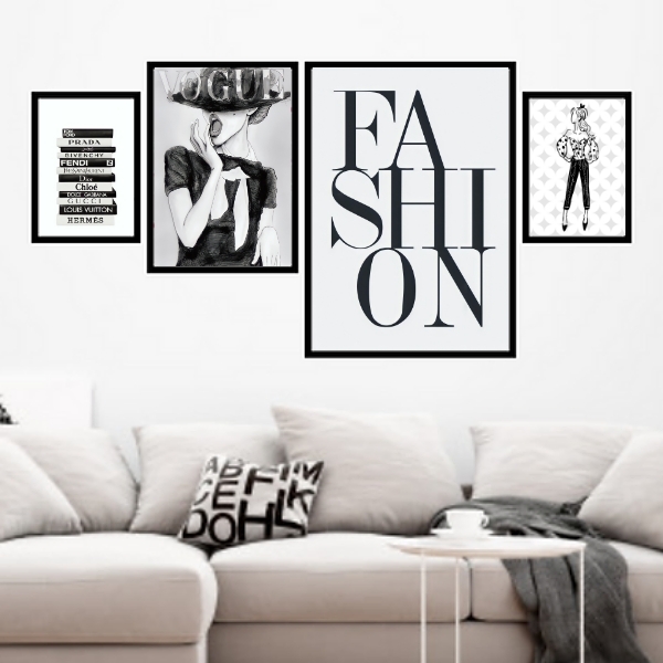 Kit 4 Quadros Moda Fashion - Tam M 24x18cm Moldura:madeira Pr