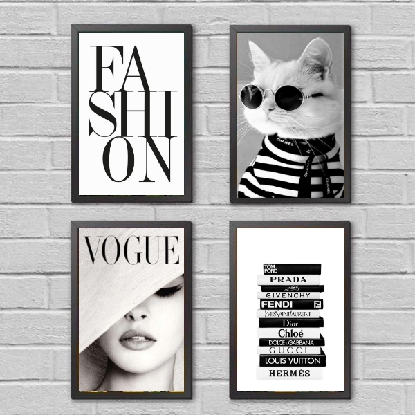 Kit 4 Quadros Moda Marcas Famosas 24x18cm - Com Vidro Moldura