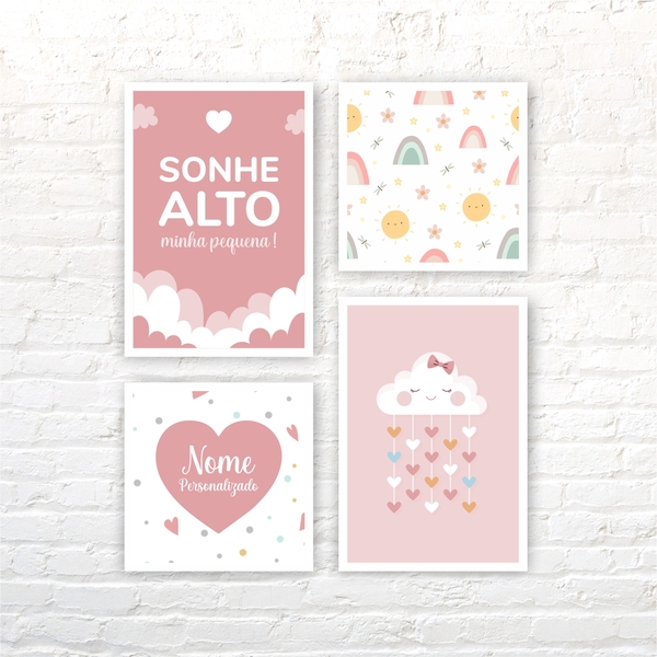 Kit 4 Quadros Moldura Branca Infantil Rosa 20x30cm E 20x20cm