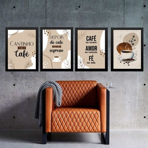 Kit 4 Quadros Para Cantinho Do Café 33x24cm - Com Vidro Moldu