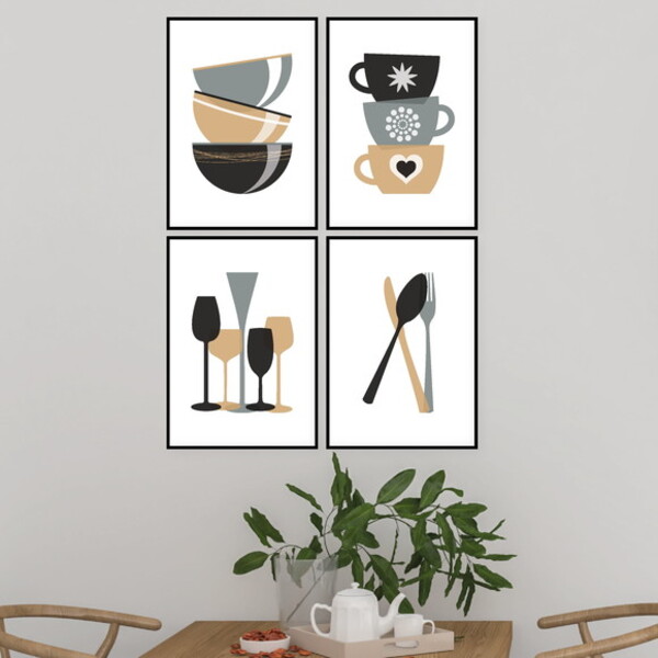 Kit 4 Quadros Para Cozinha Cinza E Marrom 24x18cm - Com Vidro