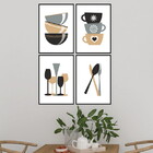 Kit 4 Quadros Para Cozinha Cinza E Marrom 45x34cm - Com Vidro