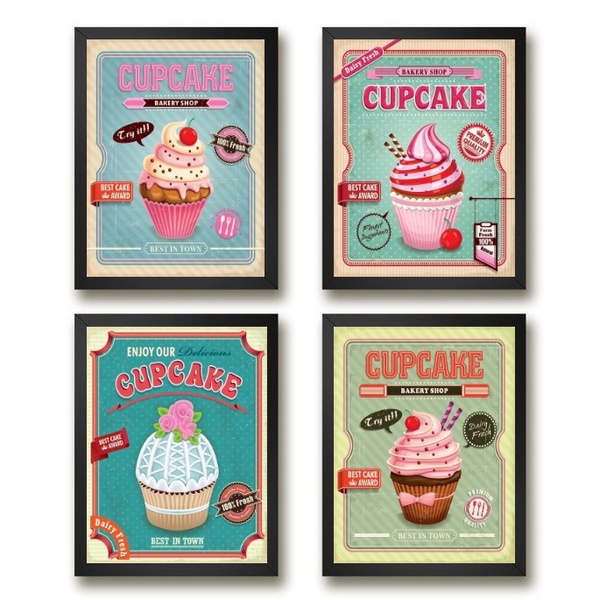 Kit 4 Quadros Para Cozinha - Cupcakes 33x24cm - Com Vidro Mol