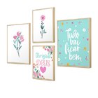 Kit 4 Quadros Para Decoração Flores Fé Frases Quarto
