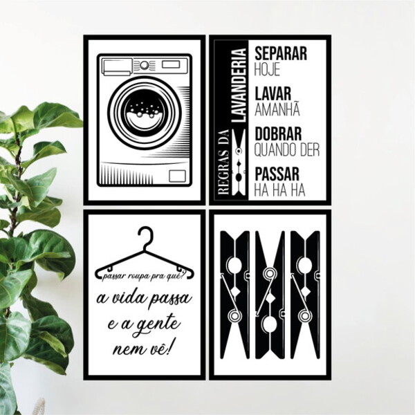 Kit 4 Quadros Para Lavanderia 24x18cm - Com Vidro Moldura:mad