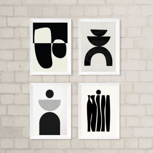 Kit 4 Quadros Para Sala Minimalistas Abstratos preto 24x18cm