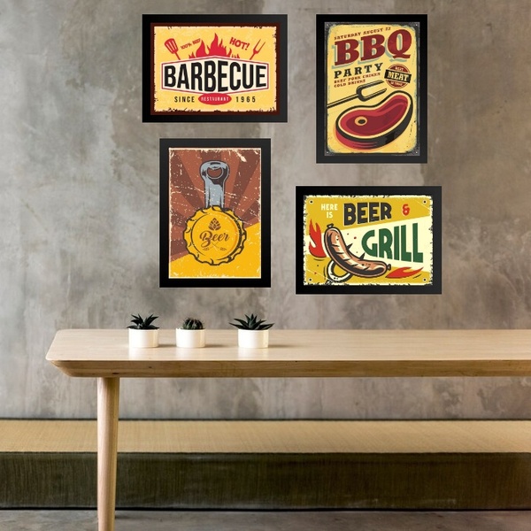 Kit 4 Quadros Placas Vintage Churrasco 45x34cm - Com Vidro Mo