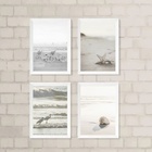 Kit 4 Quadros Praia Branco Bege E Cinza 24x18cm - Com Vidro M