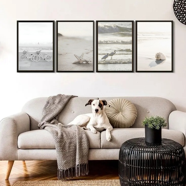 Kit 4 Quadros Praia Branco Bege E Cinza 33x24cm - Com Vidro M