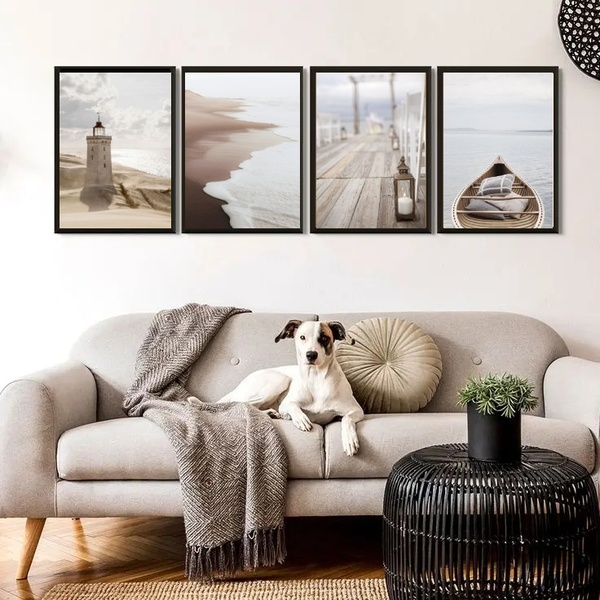 Kit 4 Quadros Praia Marrom E Bege 24x18cm - Com Vidro Moldura