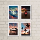 Kit 4 Quadros Praia Por Do Sol Carpe diem 24x18cm Moldura:mad