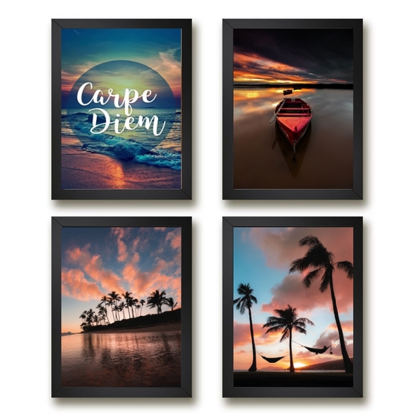 Kit 4 Quadros Praia Por Do Sol Carpe diem 33x24cm - Com Vidro