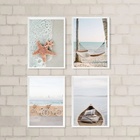 Kit 4 Quadros Praia Soft - Branco E Bege 24x18cm - Com Vidro